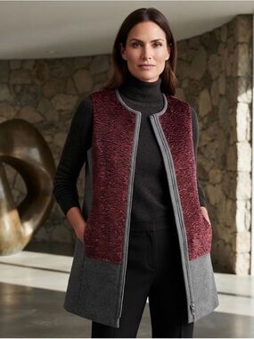 Lafayette 148 New York Gray & Burgundy Textured Wool Blend Vest Sz M
